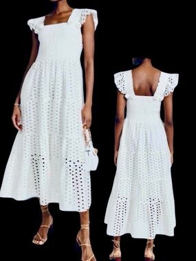 ANTHROPOLOGIE + FIGUE Madi Smocked Embroidered Eyelet Lace Maxi Dress w PomPoms